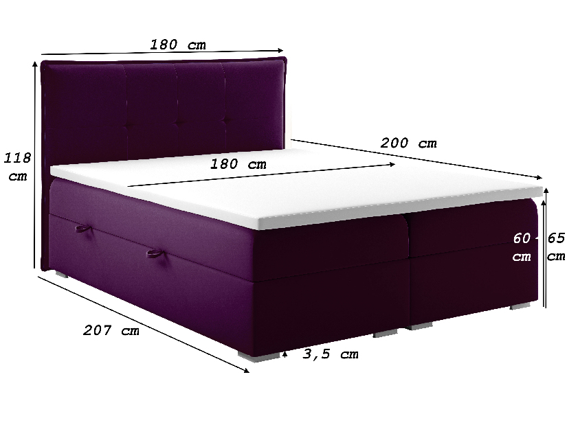 Bračni krevet Boxspring 180 cm Carla (ljubičasta)(s prostorom za odlaganje)