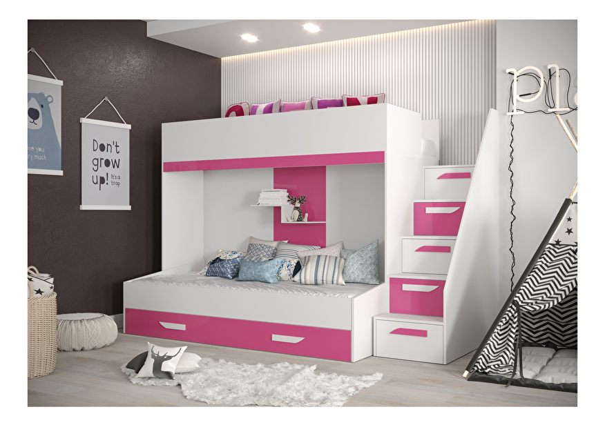 Dječji kombinirani krevet 90 cm Puro 16 (bijela mat + bijeli sjaj + ružičasti sjaj)