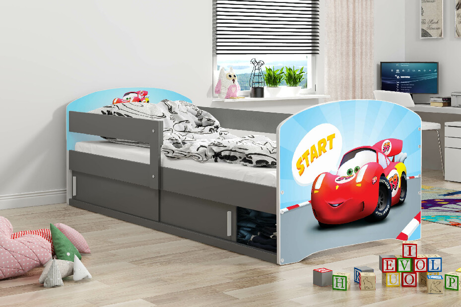 Dječji krevet 80 x 160 cm Lukan (grafit + uzorak cars) (s podnicom, madracem i prostorom za odlaganje)