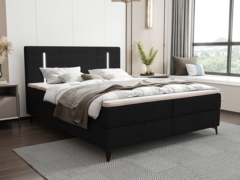 Bračni krevet 180 cm Ortega Comfort (crna) (s podnicom i madracem, s prostorom za odlaganje) (s LED rasvjetom)