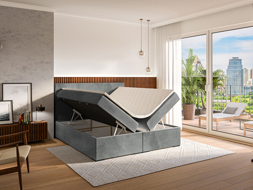 Bračni krevet Boxspring 180 cm Lemmy (beton) (s madracem i prostorom za odlaganje)