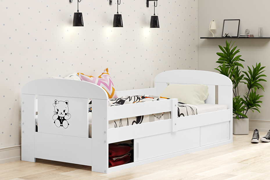 Dječji krevet 80 cm Fimmo (bijela + mačka) (s podnicom, madracem i prostorom za odlaganje)