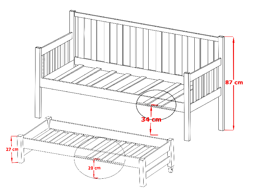 Dječji krevet 90 x 200 cm SUZI (s podnicom i prostorom za odlaganje) (borovina)