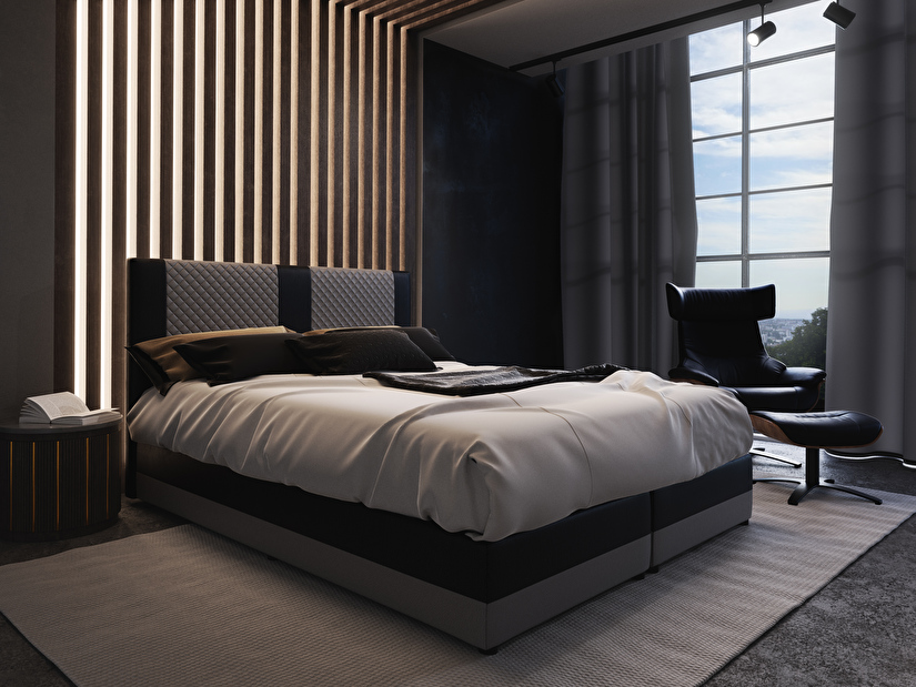 Bračni krevet Boxspring 140 cm Pecos Comfort (ekokoža + siva + crna) (s madracem i prostorom za odlaganje)