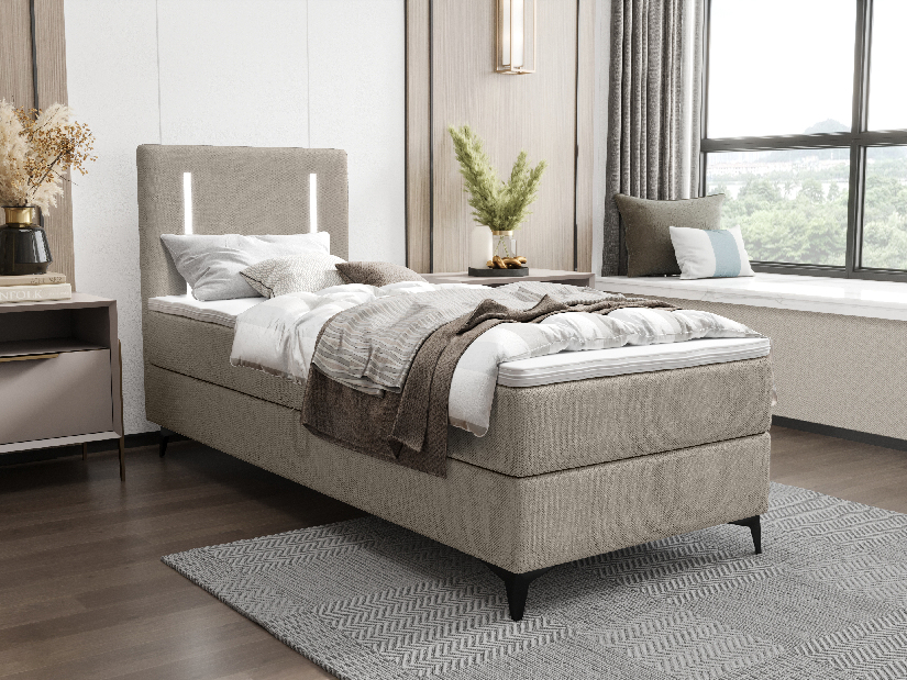 Jednostruki krevet 90 cm Ortega Comfort (sivo-smeđa) (s podnicom i madracem, s prostorom za odlaganje) (s LED rasvjetom)