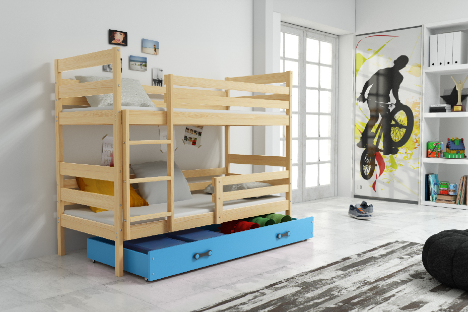 Krevet na kat 80 x 190 cm Eril B (bor + plava) (s podnicom, madracem i prostorom za odlaganje)