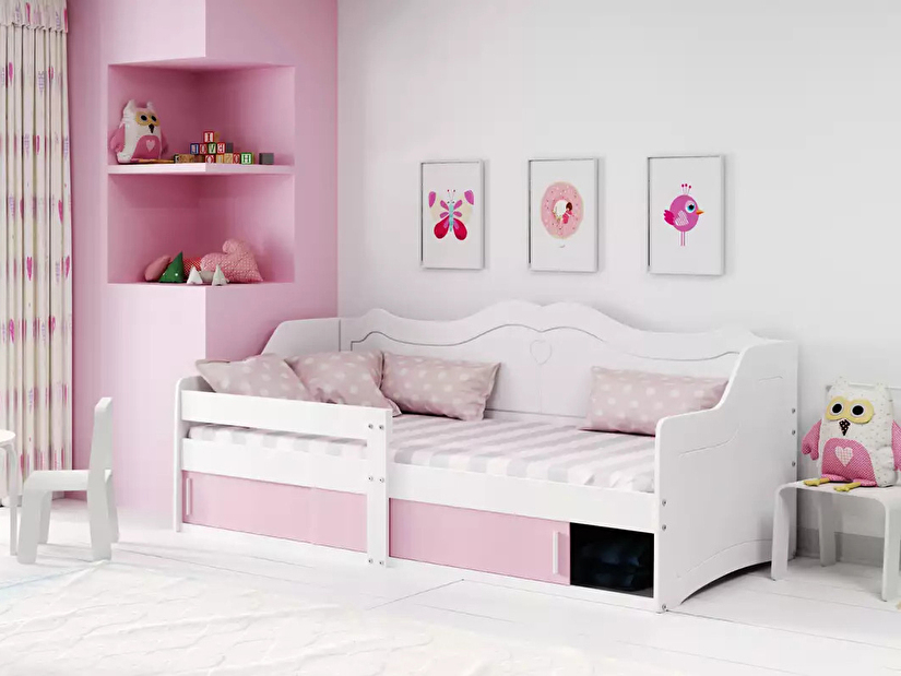 Dječji krevet 80 cm Jalua (bijela + ružičasta) (s podnicom, madracem i prostorom za odlaganje)