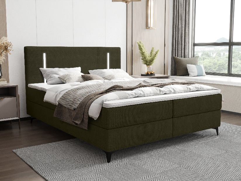 Bračni krevet 140 cm Ortega Comfort (maslinasto zelena) (s podnicom i madracem, s prostorom za odlaganje) (s LED rasvjetom)
