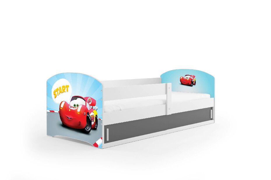 Dječji krevet 80 x 160 cm Lukan (bijela + uzorak cars) (s podnicom, madracem i prostorom za odlaganje)