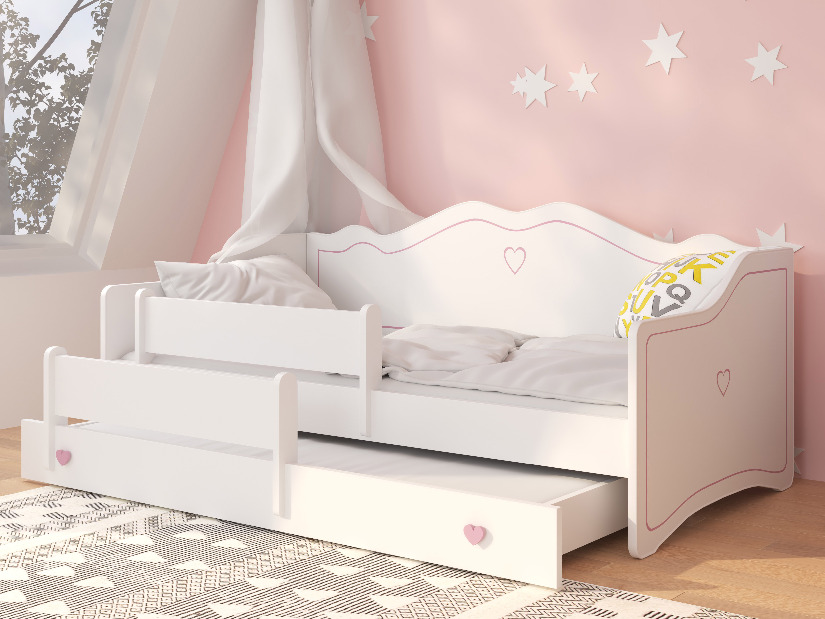 Dječji krevet na razvlačenje 160x80 cm Ester II (s podnicom i madracem) (bijela + ružičasta + uzorak) *rasprodaja