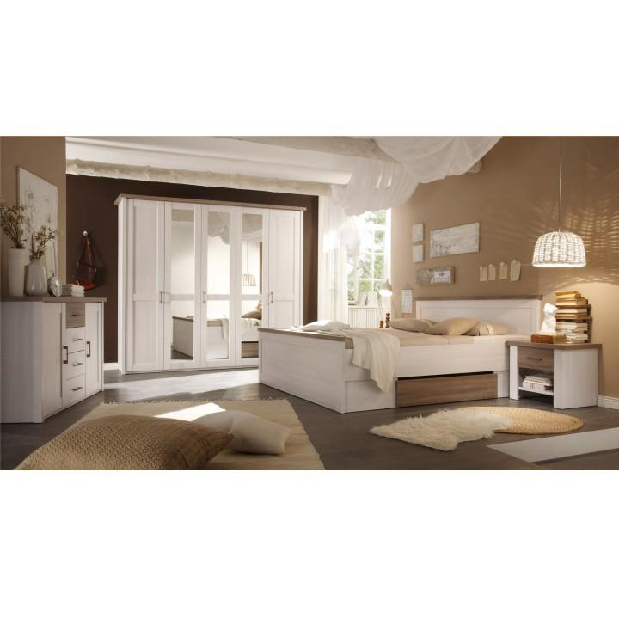 Bračni krevet 180 cm Dawa (prostor za odlaganje + 2 kom stolića) (bijela + hrast sonoma) *rasprodaja