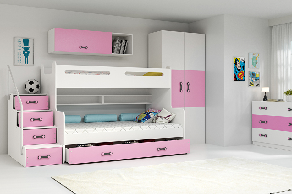 Krevet na kat 120 x 200 cm Moxxo 3 (bijela + ružičasta) (s podnicom, madracem i prostorom za odlaganje)