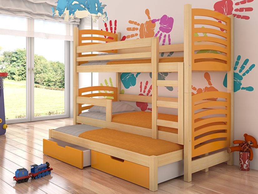 Dječji krevet na kat 180x75 cm Stanislava (s podnicom i madracem) (bor + narančasta)