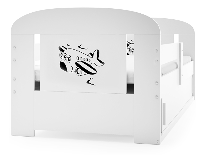 Dječji krevet 80 cm Fimmo (bijela + avion) (s podnicom, madracem i prostorom za odlaganje)