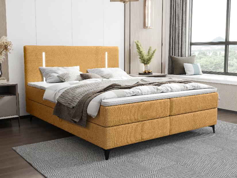 Bračni krevet 140 cm Ortega Bonell (boja senfa) (s podnicom, s prostorom za odlaganje) (s LED rasvjetom)