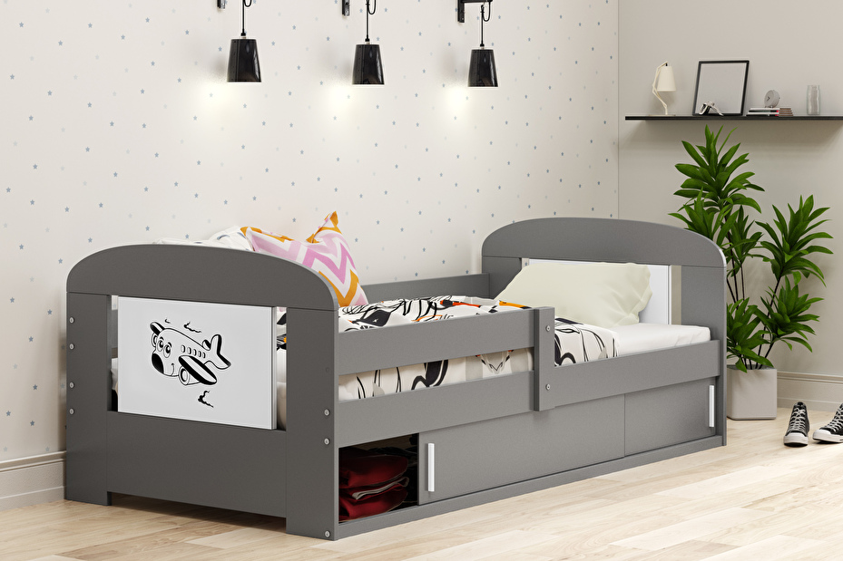 Dječji krevet 80 cm Fimmo (grafit + avion) (s podnicom, madracem i prostorom za odlaganje)