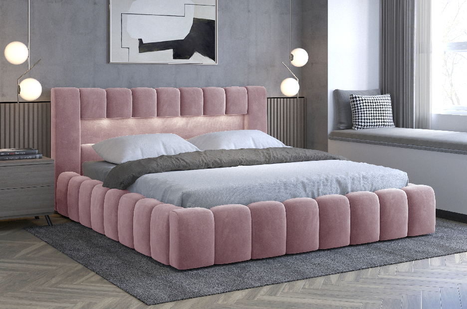 Bračni krevet 180 cm Luxa (ružičasta) (s podnicom, s prostorom za odlaganje i LED)