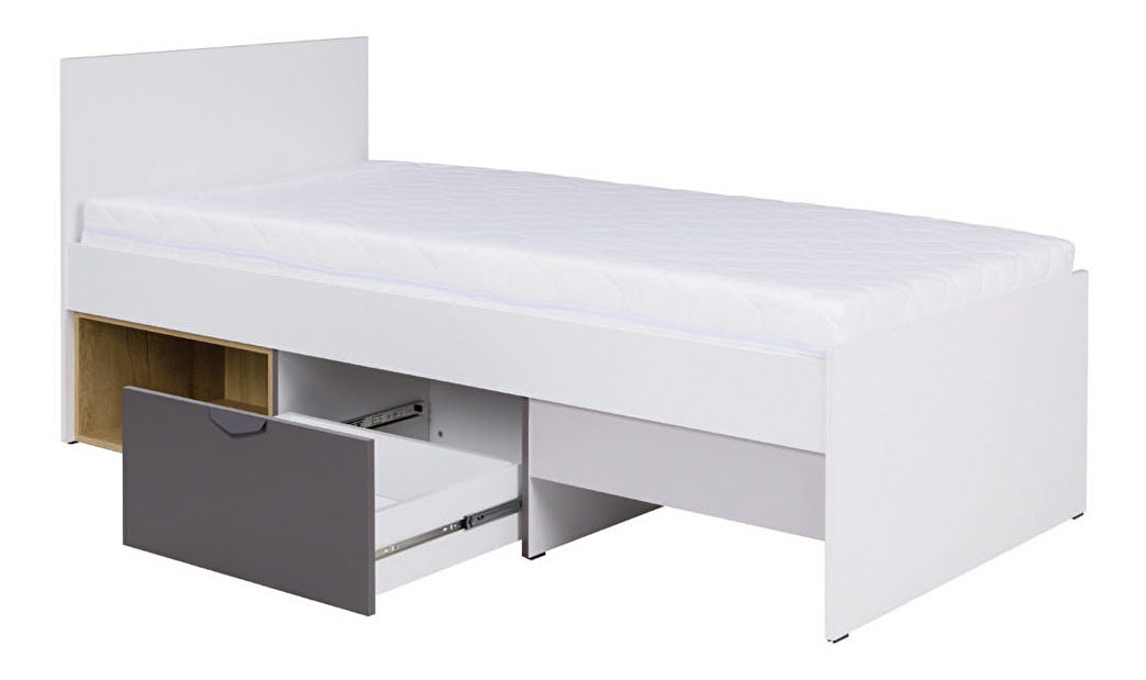 Jednostruki krevet 90x200 cm Juna 15 (bijela + grafit + siva + hrast lefkas) (s podnicom)
