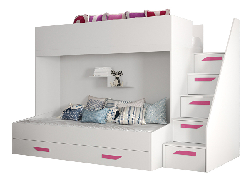 Dječji kombinirani krevet 90 cm Puro 16 (bijela mat + bijeli sjaj + ružičaste ručke)