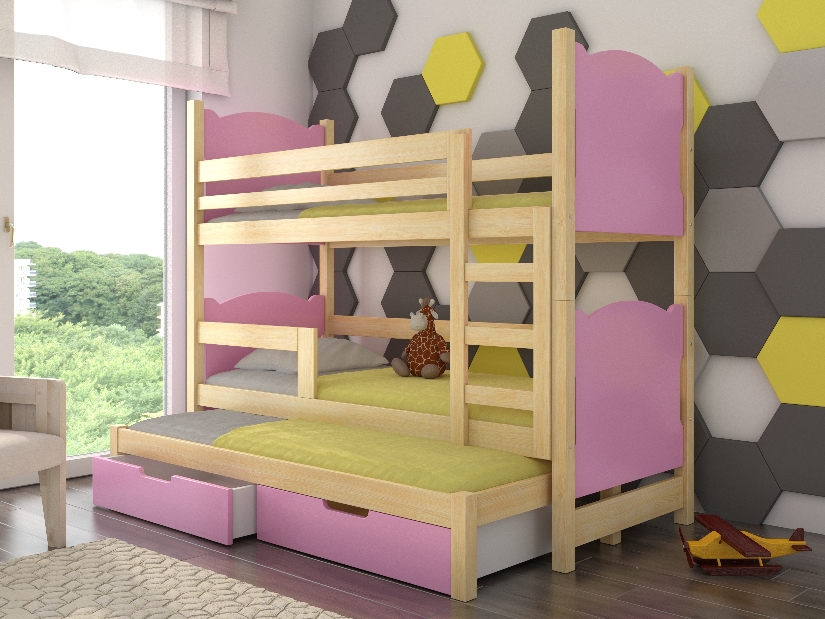 Dječji krevet na kat 180x75 cm Lukrécia (s podnicom i madracem) (bor + ružičasta)
