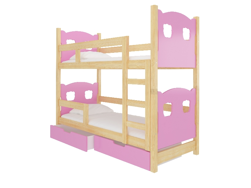 Dječji krevet na kat 180x75 cm Marryann (s podnicom i madracem) (bor + ružičasta)