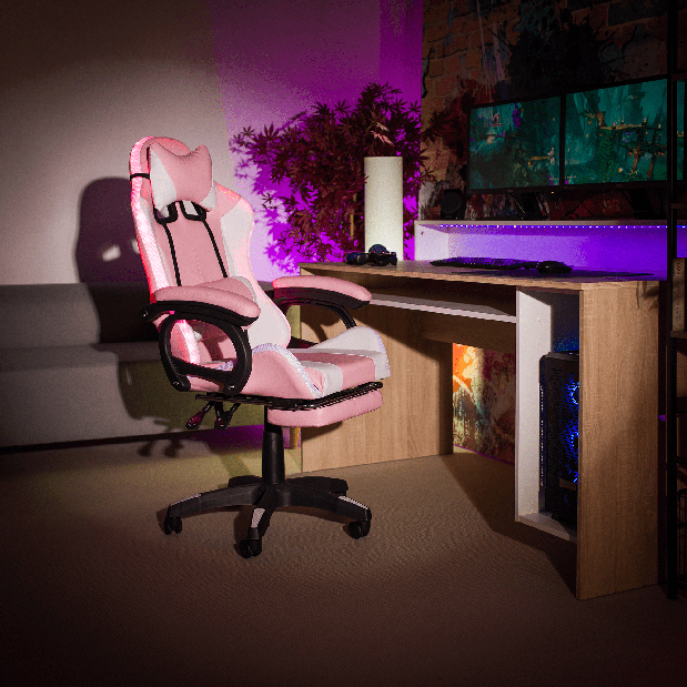 Uredska fotelja Juventa (s RGB LED s rasvjetom) (ružičasta + bijela)