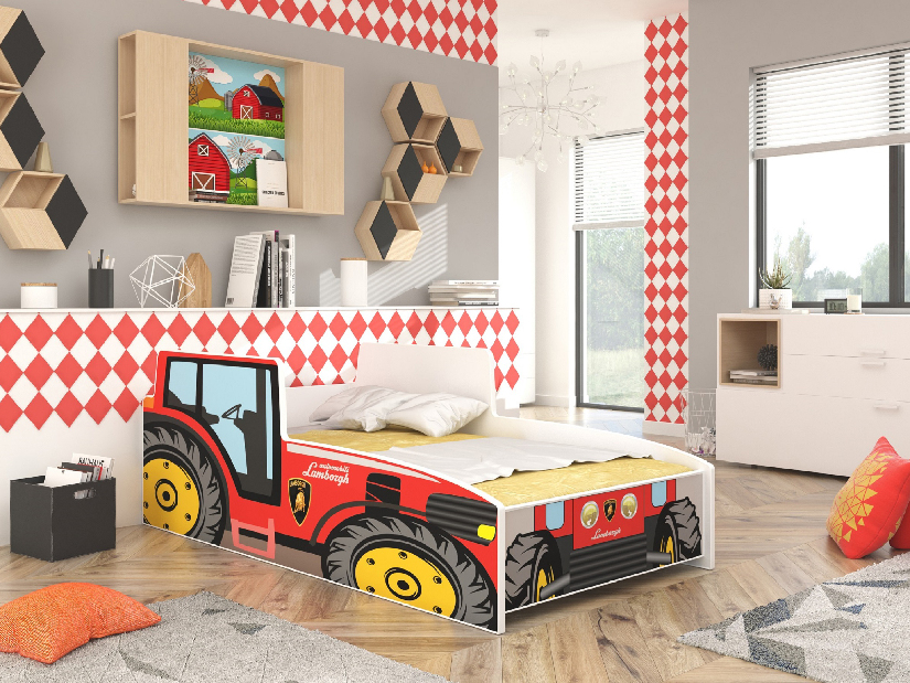 Dječji krevet 160x80 cm Traktorista (s podnicom i madracem) (crvena)