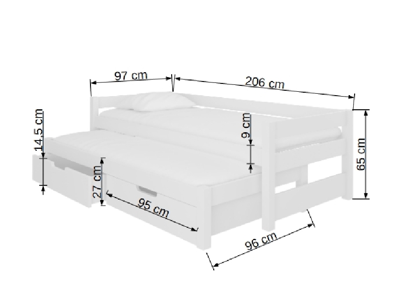 Dječji krevet na razvlačenje 200x90 cm Fifo (s podnicom i madracem) (bijela)