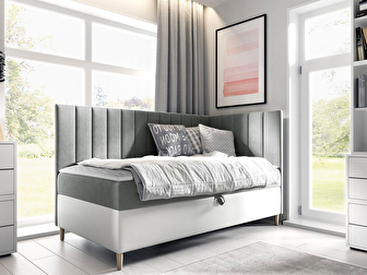 Jednostruki krevet 90 Kazmir 3 (bijela + siva) (s podnicom, madracem i prostorom za odlaganje)