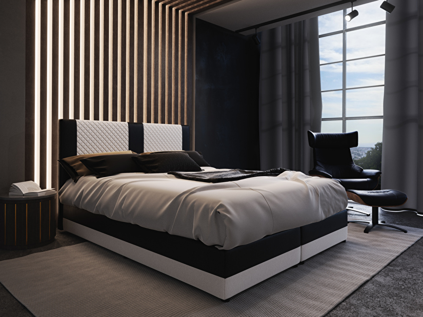 Bračni krevet Boxspring 140 cm Pecos Comfort (ekokoža + bijela + crna) (s madracem i prostorom za odlaganje)