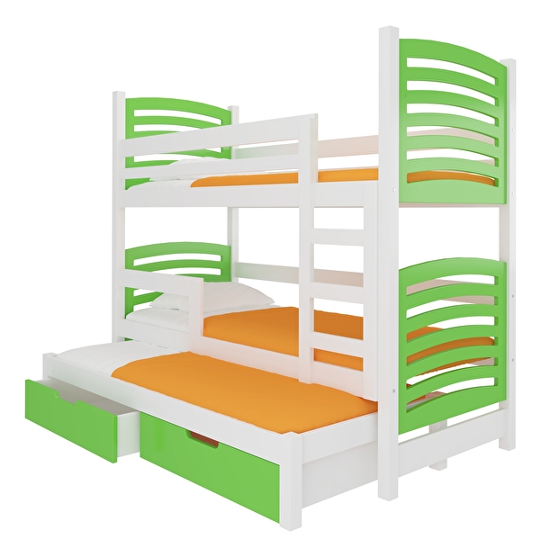 Dječji krevet na kat 180x75 cm Stanislava (s podnicom i madracem) (bijela + zelena)