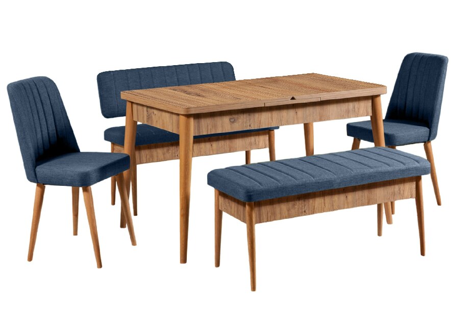 Blagovaonski stol na razvlačenje sa 2 stolice i 2 klupe Vlasta (orah + tamnoplava)