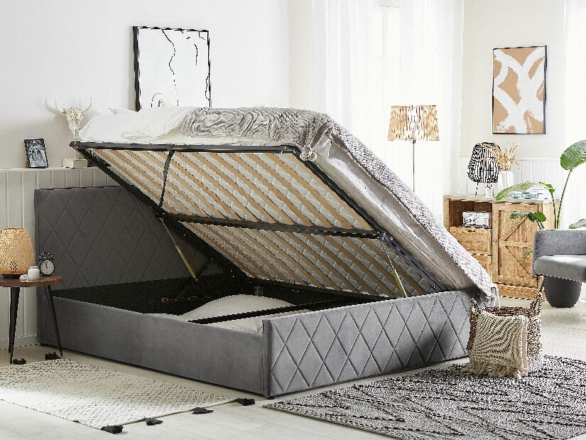 Bračni krevet 140 cm ROFARIO (siva) (baršun) (s podnicom i prostorom za odlaganje)