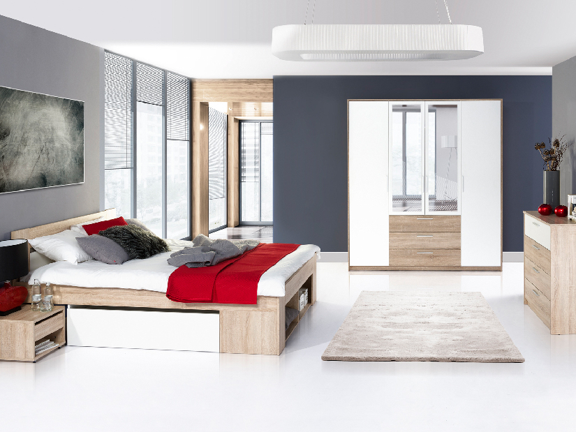 Bračni krevet 140 cm Melinne 08 (hrast sonoma 3D + bijela) (s prostorom za odlaganje i noćnim stolićima)