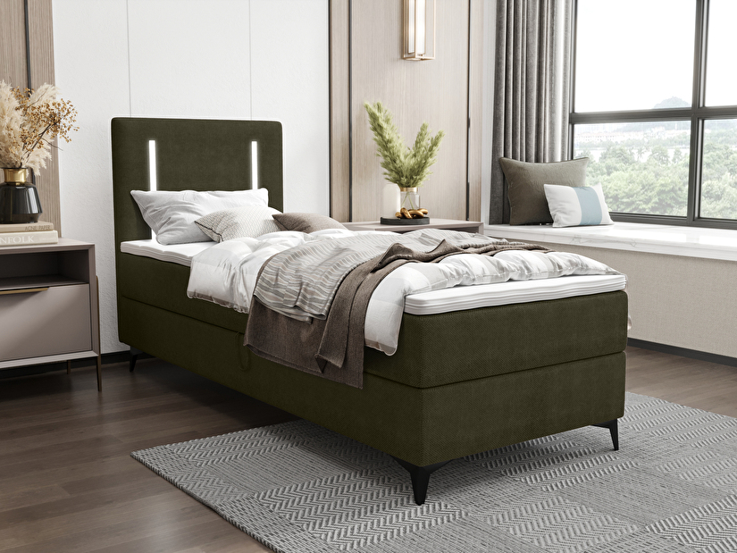 Jednostruki krevet 90 cm Ortega Bonell (maslinasto zelena) (s podnicom, s prostorom za odlaganje) (s LED rasvjetom)