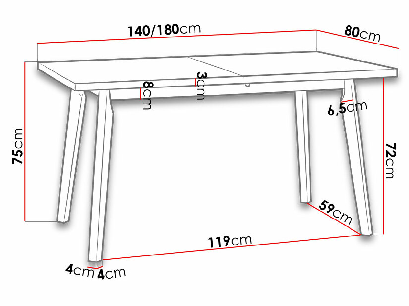 Stol 80 x 140+180 V (hrast grandson L) (bijela)