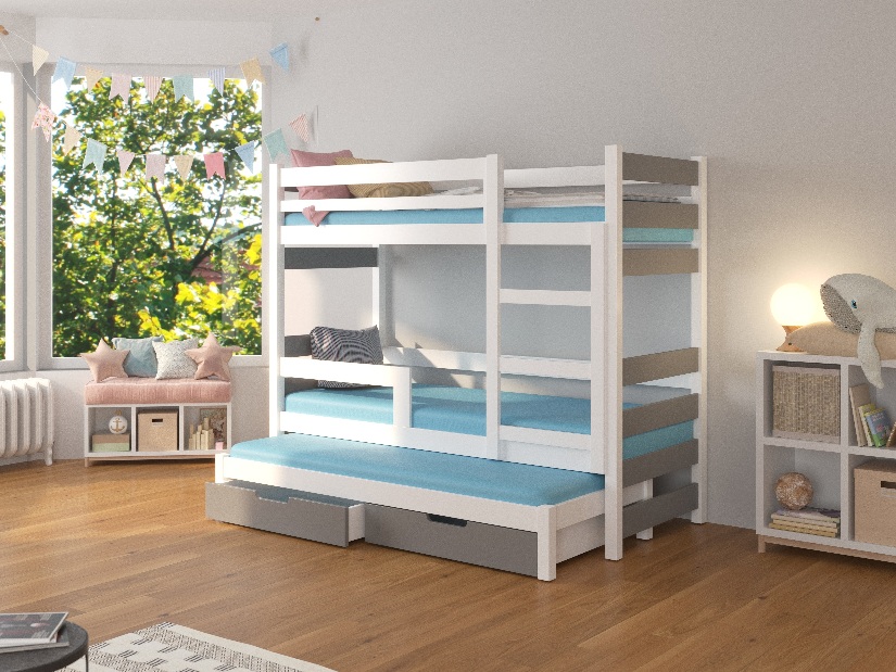 Dječji krevet na kat 180x75 cm Karin (s podnicom i madracem) (bijela + siva)