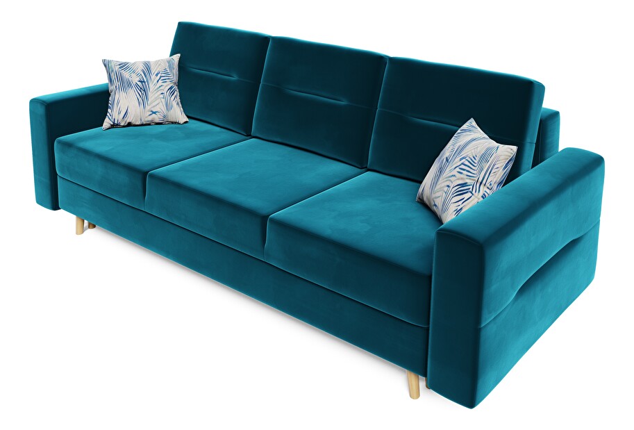 Kauč na razvlačenje Bergenia (tirkizna + jastuci s uzorkom plavog lišća)