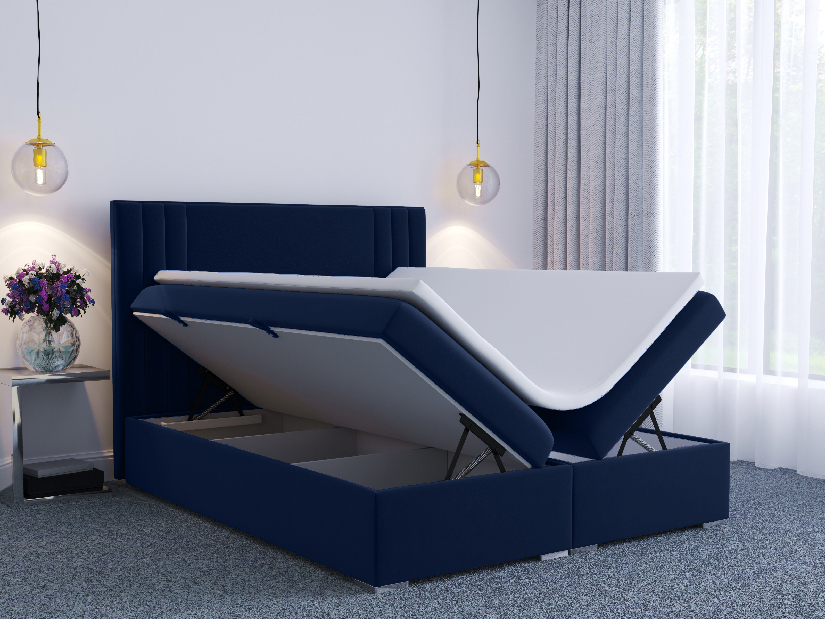 Bračni krevet Boxspring 180 cm Morcano (tamno plava) (s prostorom za odlaganje)