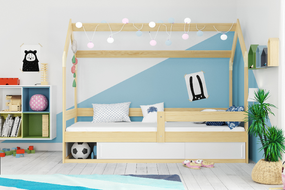 Dječji krevet 80 cm Dormo (bor + bijela) (s podnicom, madracem i prostorom za odlaganje)