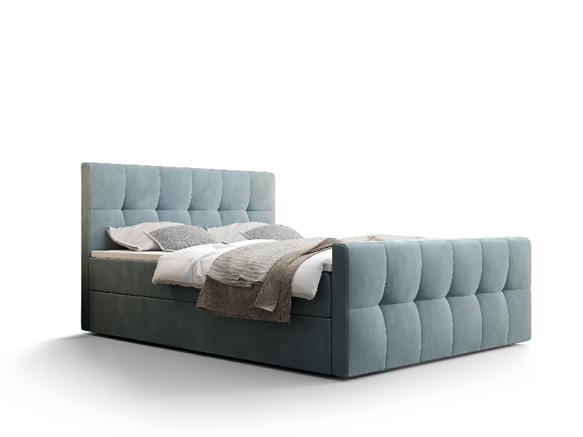 Bračni krevet Boxspring 140 cm Macheta Comfort (sivo-plava) (s madracem i prostorom za odlaganje)