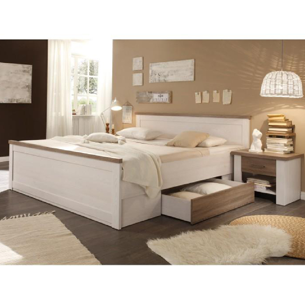 Bračni krevet 180 cm Dawa (prostor za odlaganje + 2 kom stolića) (bijela + hrast sonoma) 