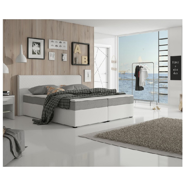 Bračni krevet Boxspring 180 cm Namakyra Megakomfort (bijela + siva) (s madracom i rešetkom) 