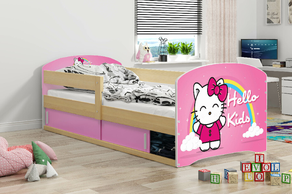 Dječji krevet 80 x 160 cm Lukan (bor + uzorak hello kids) (s podnicom, madracem i prostorom za odlaganje)
