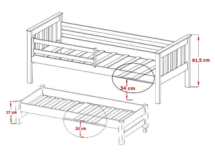 Dječji krevet 90 x 200 cm TOYA (s podnicom i prostorom za odlaganje) (borovina)