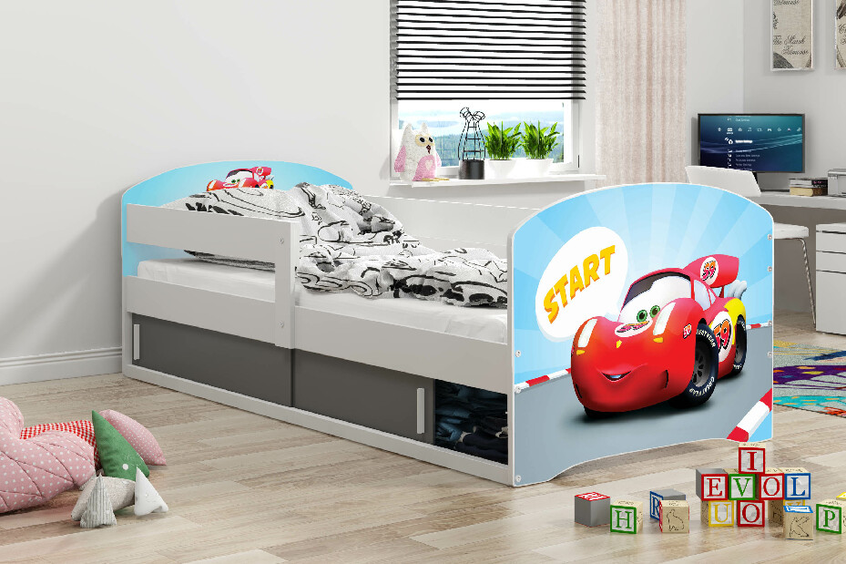 Dječji krevet 80 x 160 cm Lukan (bijela + uzorak cars) (s podnicom, madracem i prostorom za odlaganje)