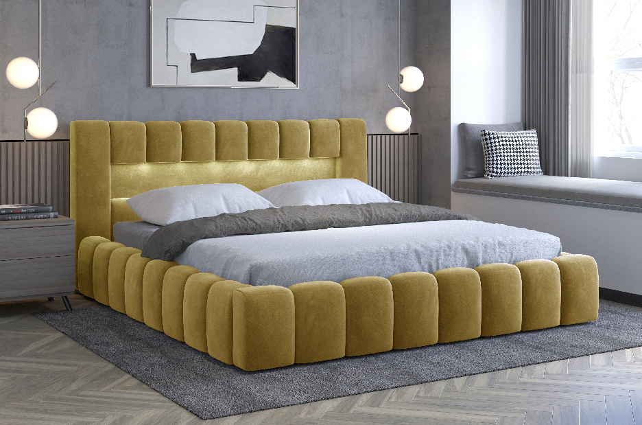 Bračni krevet 140 cm Luxa (boja senfa) (s podnicom, prostorom za odlaganje i LED)