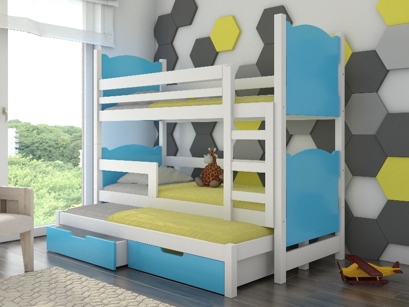 Dječji krevet na kat 180x75 cm Lukrécia (s podnicom i madracem) (bijela + plava)