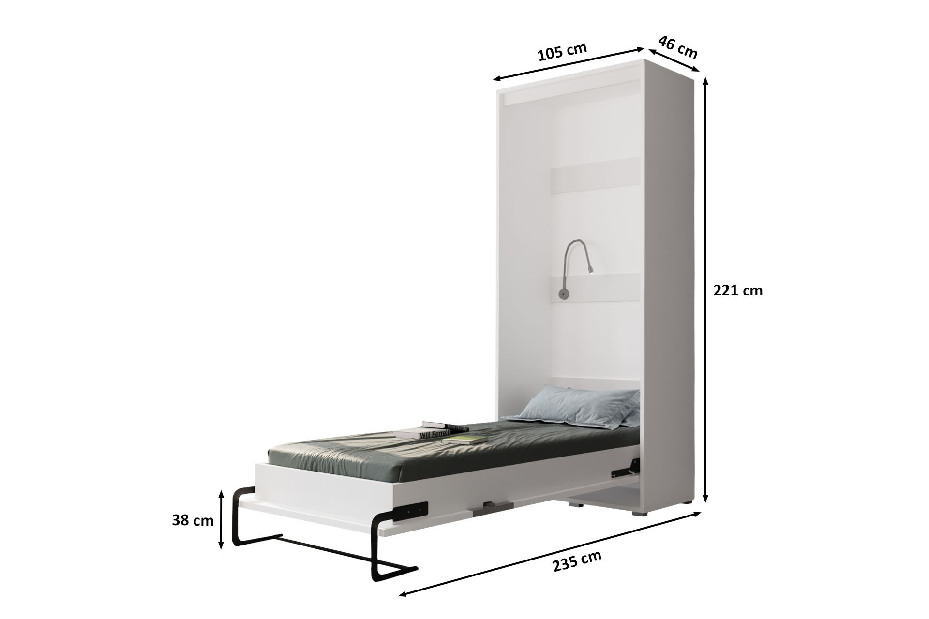 Krevet na sklapanje 90 Homer (bijela mat + siva sjajna) (vertikalni) (s rasvjetom)