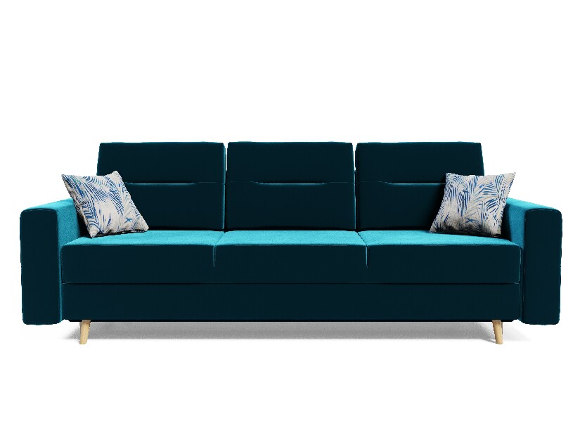 Kauč na razvlačenje Bergenia (tirkizna + jastuci s uzorkom plavog lišća)